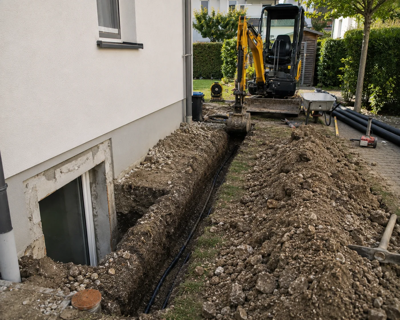 Offener Rohrgraben entlang der Hauswand mit frisch verlegtem Leerrohr, im Hintergrund ein Minibagger